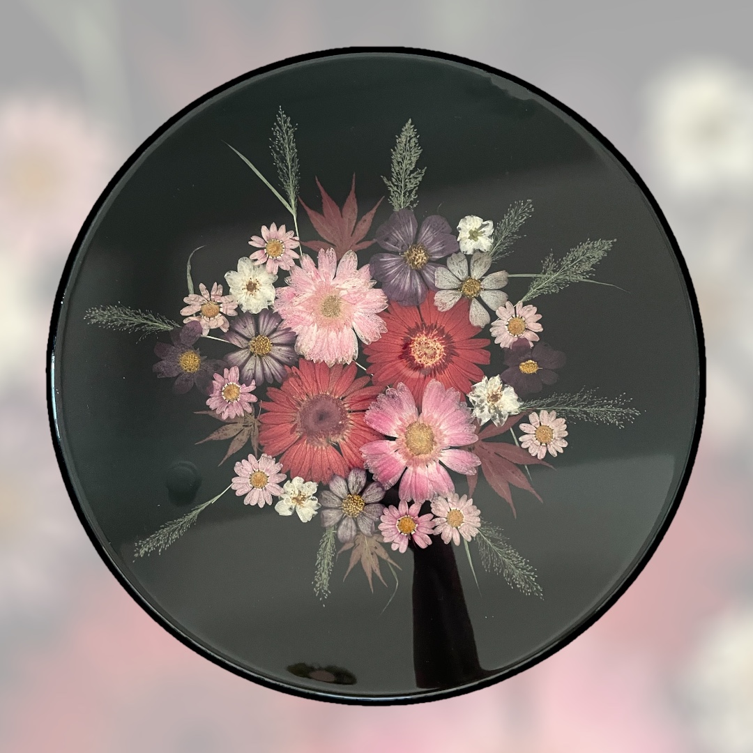 Black round End Table with plum florals PIC 1